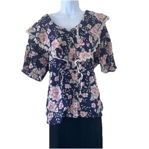 VTG GP Collections Women M Prairie Floral Boho Cottage Core Coquette Blouse Blue
